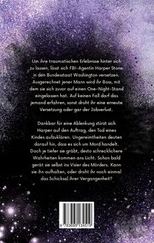 Text über FBI-Agentin Harper Stone, die sich versetzen lässt, um Erlebnisse zu vergessen. Einflussreiches lila-schwarzes Hintergrundmuster.