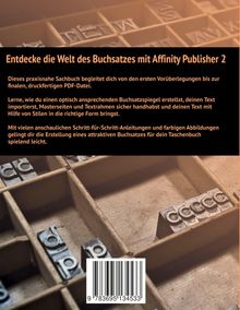 Oberer Text: "Entdecke die Welt des Buchsatzes mit Affinity Publisher 2". Hintergrund: Sortierte Drucklettern in Fächern.