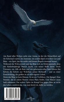 Ein dramatisches Gemälde zeigt einen weißen Vogel über einem dunklen Drachen. Darunter ist ein langer Text über eine Arena.