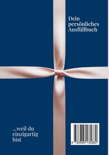 "Dein persönliches Ausfüllbuch", "...weil du einzigartig bist", Barcode, rosa Schleife auf blauem Hintergrund.