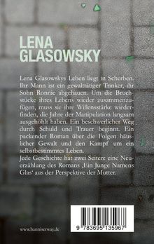 Text beschreibt das Leben von Lena Glasowsky, geprägt von häuslicher Gewalt. Hintergrund: Graue Oberfläche mit grünen Glasscherben.