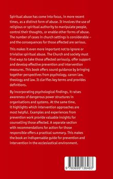 Text über spirituellen Missbrauch, seine Wichtigkeit und Prävention; roter Hintergrund mit weißer Schrift und Barcode unten.