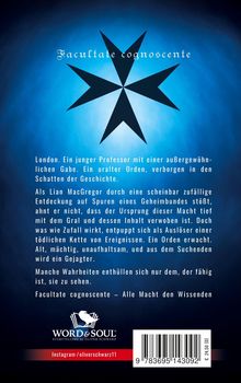"Facultate cognoscente", blauer Hintergrund, schwarzes Kreuz. Text beschreibt einen Professor und einen geheimen Orden.