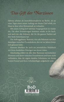 "Das Gift der Narzissen" beschreibt eine Immobilienmaklerin in Berlin. Unten Blumenzeichnung und ein Teil einer Skulptur.