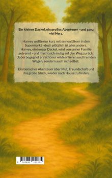 Ein kleiner Dackel auf einem Abenteuer voller Mut und Freundschaft. Hintergrund: idyllischer Waldweg unter Bäumen.