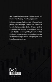 Rückseite eines Buches mit Text über Ermittlungen eines Kriminalfalls im Online-Börsenhandel. Enthält EAN und Preise.