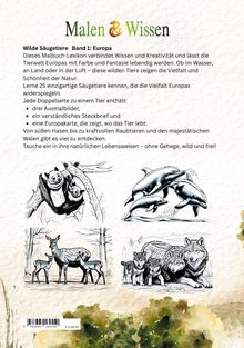 "Malen & Wissen" in grün-gelber Schrift. Illustrationen: Fledermäuse, Delfine, eine Hirschfamilie, Wölfe. Malbuch-Text beschrieben.