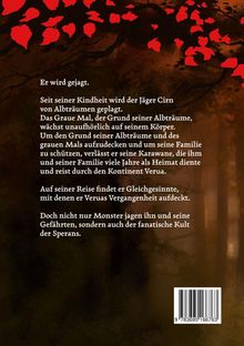 Ein Text beschreibt einen Jäger namens Cirn, der von Albträumen geplagt wird und seine Heimat verlässt. Rote Blätter oben.