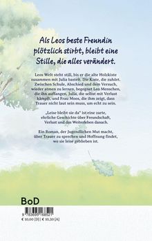 "Als Leos beste Freundin stirbt, bleibt eine Stille, die alles verändert." Darunter ein Naturmotiv mit Blatt und Baum.