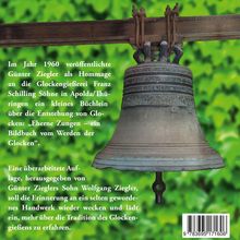 Text über die Veröffentlichung eines Büchleins zur Glockenherstellung. Im Hintergrund eine große Glocke vor grünem Laub.