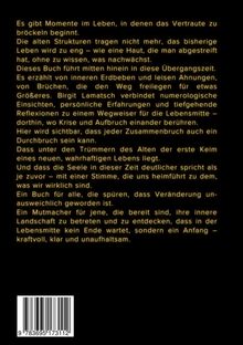 Gelber Text auf schwarzem Hintergrund beschreibt innere Erdbeben und Veränderungen im Leben. Ein Buch als Ratgeber. Unten ein Barcode.