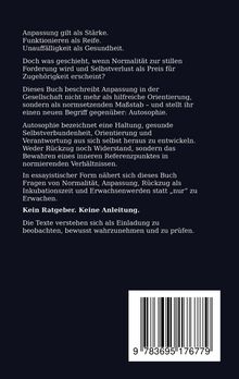 Text über Anpassung und Autosophie, Buchinhalt erklärt Normen und Selbstfindung, kein Ratgeber. Unten ist ein Barcode.