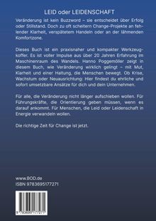 Oben steht "LEID oder LEIDENSCHAFT". Text beschreibt, wie Veränderung gelingt. Unten: www.BOD.de, ISBN 9783695177271.
