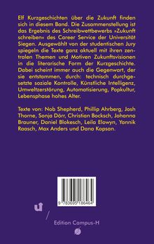 Cover, violett. Gelber Text über Kurzgeschichten zur Zukunft, Autorenliste. Unten Barcode, Logo, "Edition Campus-H".