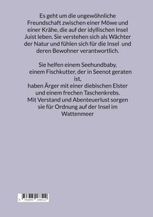 Eine Möwe und Krähe auf Juist helfen Tieren und bewahren die Natur mit Abenteuerlust und Verstand im Wattenmeer.