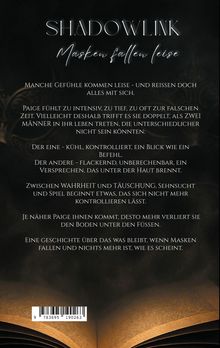 "Shadowlink: Masken fallen leise" steht oben. Ein Text beschreibt eine intensive Geschichte über Gefühle und Geheimnisse. Im unteren Bereich ist ein offenes Buch sichtbar.
