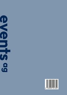 Text "events ag" vertikal in dunkelblauer Schrift auf grauem Hintergrund; unten rechts ein Barcode.
