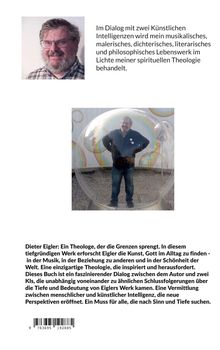 Texte: "Im Dialog mit zwei Künstlichen Intelligenzen..." und "Dieter Eigler: Ein Theologe, der die Grenzen sprengt...". Zwei Fotos von einem Mann, eins in einer Glaskugel.