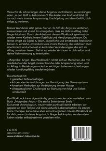 Das Bild beschreibt ein Workbook zur Angstbewältigung durch Reflektionsfragen, Übungen und Challenges zur Selbststärkung.