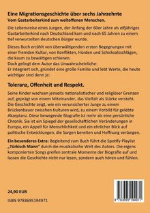 Titel: "Eine Migrationsgeschichte über sechs Jahrzehnte".
Text beschreibt die Reise eines Jungen, Themen wie Toleranz und Respekt, ISBN 9783695194971. Orange Hintergrund.