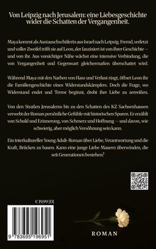 Titel: "Von Leipzig nach Jerusalem: eine Liebesgeschichte wider die Schatten der Vergangenheit." Text beschreibt den Roman. Unten eine Blume.