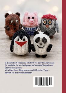 Text: Anleitungen für Perlentiere auf Kunststoffkapseln. Fünf Figuren aus Perlen: Bär, Schwein, Eule, Pinguin, Panda.
