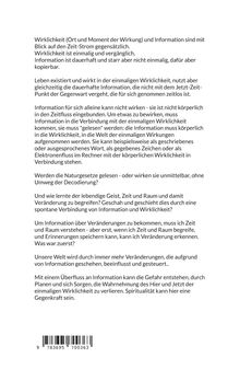 Ein Text beschreibt den Gegensatz von Wirklichkeit und Information im Zeitfluss. Barcode unten rechts.
