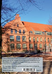 Text: Information über das Schulwesen in der Stadt. Illustration von einem roten Backsteingebäude mit Bäumen im Vordergrund.