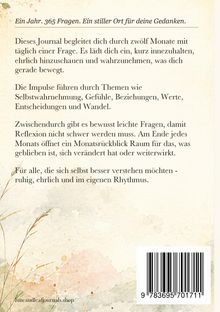 "Ein Jahr. 365 Fragen. Ein stiller Ort für deine Gedanken." Text zu einem Journal, dekoriert mit zarten Pflanzen.