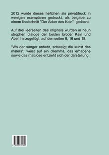 Text über privaten Druck von 2012, Dialoge von Kain und Abel, Zitat über Kunst und Dilemma; ISBN unten links. Hintergrund grünlich.