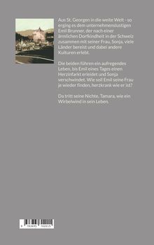 Text über Emil Brunners Reisen und Schicksal, Illustration eines Dorfes, identischer Barcode unten links.