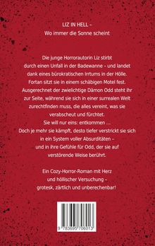 Roter Hintergrund mit schwarzem Sprenkelmuster. Text beschreibt einen Cozy-Horror-Roman über Liz in der Hölle. Barcode unten.