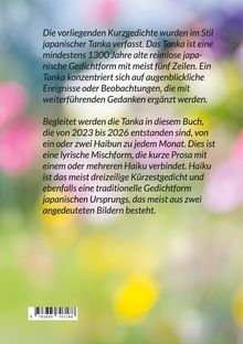 Beschreibung der Tanka- und Haibun-Poesie. Bunter, unscharfer Hintergrund aus Rosa, Gelb und Grün. Barcode unten.