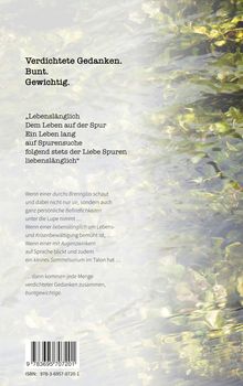 Texte: "Verdichtete Gedanken. Bunt. Gewichtig.", "lebenslänglich", "ISBN: 978-3-6957-0720-1". Hintergrund: Verschwommene Wasseroberfläche.