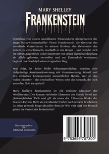 Text: "MAY SHELLEY - FRANKENSTEIN". Beschreibung des Romans als Klassiker mit ethischen Fragen. Herausgeber: Edmond Bronstein. Barcode.