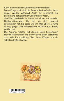 Text über Leben mit Gebärmuttermyom und Entscheidung gegen Entfernung. Darunter Illustration: bunte Blumen im Korb.