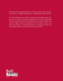 Text über eine tanzende Kuh namens Rosalinde, die zur Detektivin wird. ISBN-Barcode unten. Hintergrund in Rot.