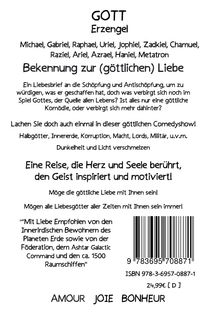 Text über göttliche Liebe, Comedyshow, Engel, ISBN-Code, Preis 24,99€, Schlagworte: AMOUR, JOIE, BONHEUR. Schwarze Schrift.