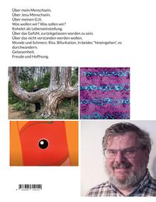 Texte über Menschsein, Glaube, Gefühl, Wunde; Bilder: Mann mit Baum, abstraktes Muster, Illustration in Rot/Orange, Porträtfoto.
