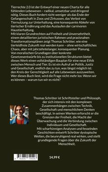 Ein Text beschreibt "Tierrechte 2.0" als Konzept für neue Ethik und Zukunft mit Schwerpunkt auf tierischem Wohl. Unten ein Bild eines lächelnden Mannes in bunter Kleidung. Rechts daneben biografische Infos über den Autor Thomas Schröter. Preis: 14,99€. Barcode unten links.