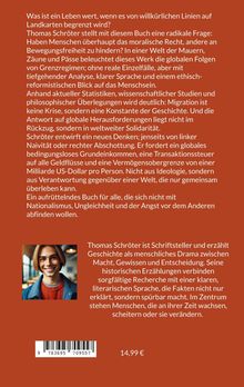 Ein Buchrückentext hinterfragt Willkür und Grenzen, fordert globale Solidarität und präsentiert neue Denkansätze von Thomas Schröter. Oben links ist ein Foto eines lächelnden Mannes. Unten ein Barcode und Preisangabe: 14,99 €.