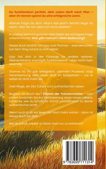 Orangefarbener Textblock über Selbstfindung. Unten ein Strichcode. Hintergrund: Landschaft mit goldenen Feldern.