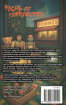 "RACHE IST CURRYWURST!" steht groß oben. Daneben ist eine Pommesbude. Ein Teddy, ein Muskelmann und ein Roboter sind davor zu sehen.