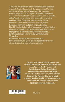 23 Türen; Advent eines alten Mannes ist eine poetisch-melancholische Reise durch das Leben eines Mannes. Thomas Schröter ist Schriftsteller und erzählt Geschichte als menschliches Drama. Unten ist ein Barcode und der Preis 12,99 €. Links neben dem Text ist ein Foto einer lächelnden Person in einem roten Pullover und einer blauen Jacke. Der Hintergrund ist verschwommen.