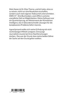 Der Text beschreibt Dr. Elias Thornes Erfindung, OWS-47, und damit verbundene Gefahren. Unten befindet sich ein Barcode.