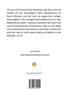 Zitat über Licht und Nichtmaterie, Seitenangabe (S. 6). Textreihe: DEM LEBENDIGEN DENKEN ENTGEGEN. Webseite: www.pierreréalizé.ch. Logo einer Sonne.