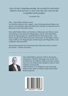 Zitate und Texte über Fritz-Adolf Häfners Leben und Arbeit als Missionar. Foto eines Mannes, Barcode.