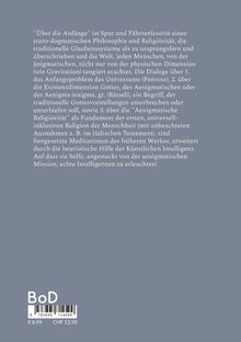 Rückseite eines Buches mit grauem Hintergrund. Text beschreibt philosophische Dialoge und die Rolle künstlicher Intelligenz.