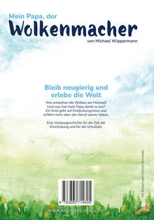 "Mein Papa, der Wolkenmacher" von Michael Wippermann. Text über Neugierde und Entdeckungsreise. Grüner Aquarellhintergrund.