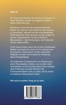 Text über Bewusstsein und Existenz als Teil des Kollektivs. Unten ein Barcode. Hintergrund in Farbverlauf Gelb-Blau.